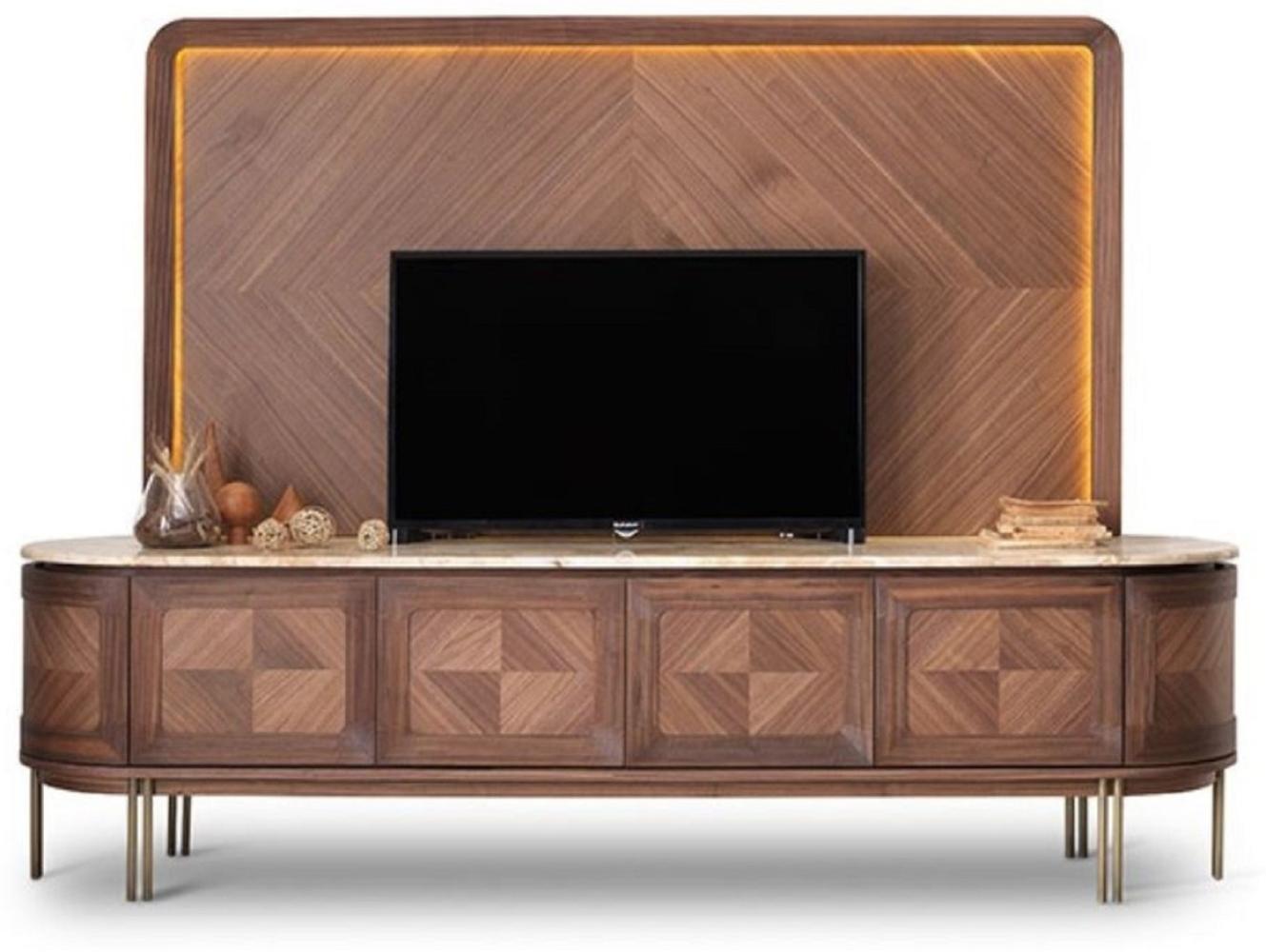 Casa Padrino Luxus TV Schrank Set Braun / Beige / Messing - Wohnzimmer Sideboard mit 4 Türen & beleuchteter TV Rückwand - Wohnzimmer Möbel - Hotel Möbel - Luxus Möbel Bild 1