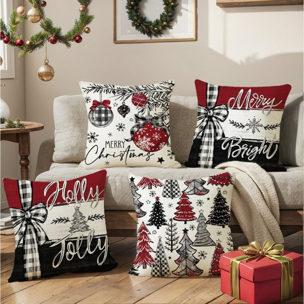 Jibenhome Kissenbezüge Weihnachten Kissenbezug 45x45 cm,Leinen,4 Stück,für Dekokissen Deko, (4 Stück), Quadratisch Zierkissenbezug für Weihnachten Bett Sofa Esszimmer Deko Bild 1