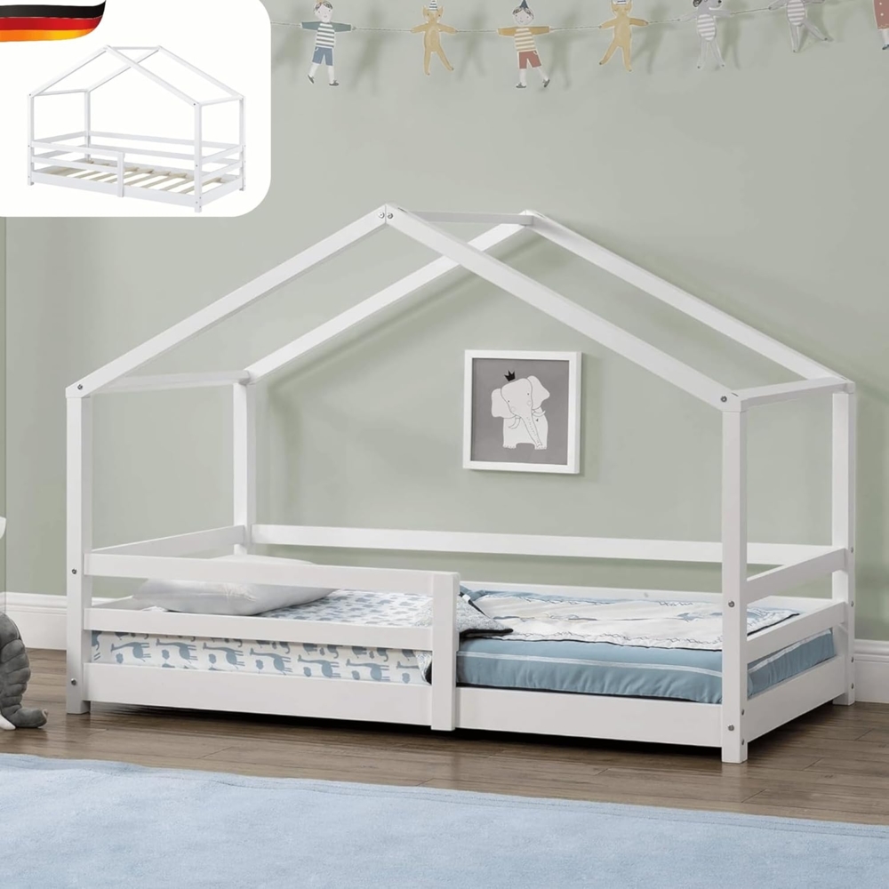 DELUKE® Kinderbett 70x140 cm TRUDA - mit Lattenrost und Fallschutz Kiefernholz Haus-Design Einzelbett Hausbett Kinderzimmer Bodenbett Montessori Bett Weiß Bild 1