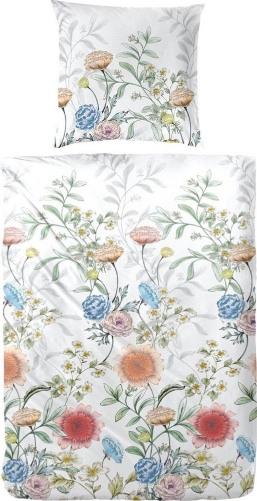 Primera Mako-Satin Bettwäsche 135x200 Blumen Blüten weiß koralle blau 243211-02 Bild 1