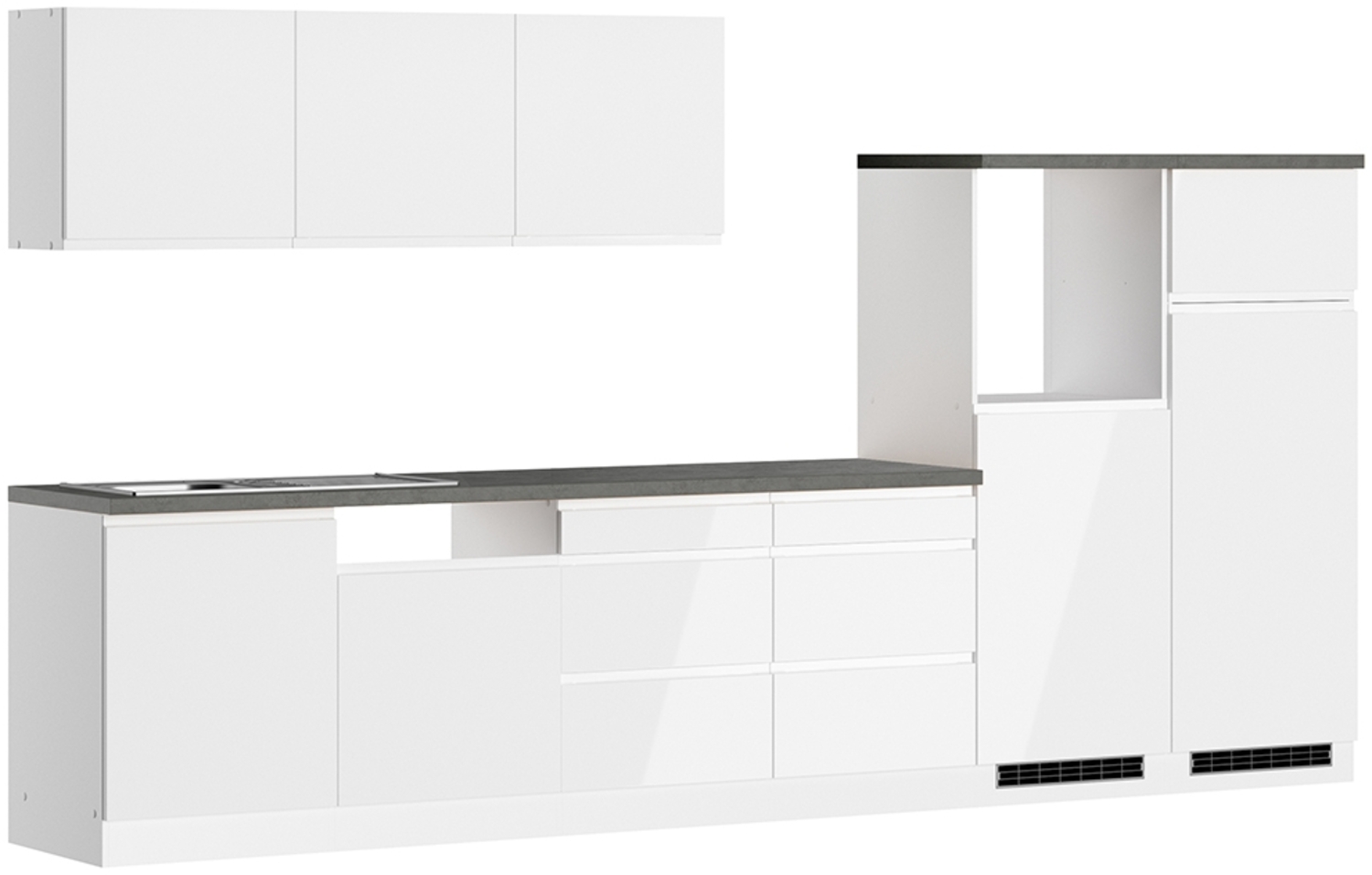 Küchenzeile 360 cm in Hochglanz weiß, Arbeitsplatte Betonoptik MARSEILLE-03 Bild 1