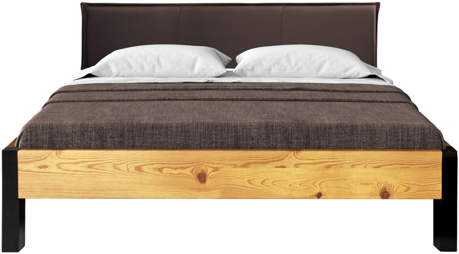 Möbel-Eins CURBY Bett Metallfuß, mit Polsterkopfteil, Material Massivholz, rustikale Altholzoptik, Fichte natur 90 x 220 cm Kunstleder Braun ohne Steppung Bild 1