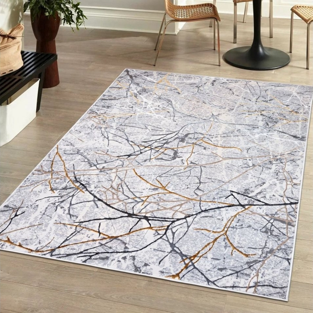 Mazovia Designteppich Modern Teppich für Wohnzimmer - Glänzende - Grau Silber mit Gold, 80 x 150 cm, Glänzende Abstrakt Marmor, Höhe 10 mm, Kurzflor - niedrige Florhöhe, Weich, Pflegeleicht Bild 1