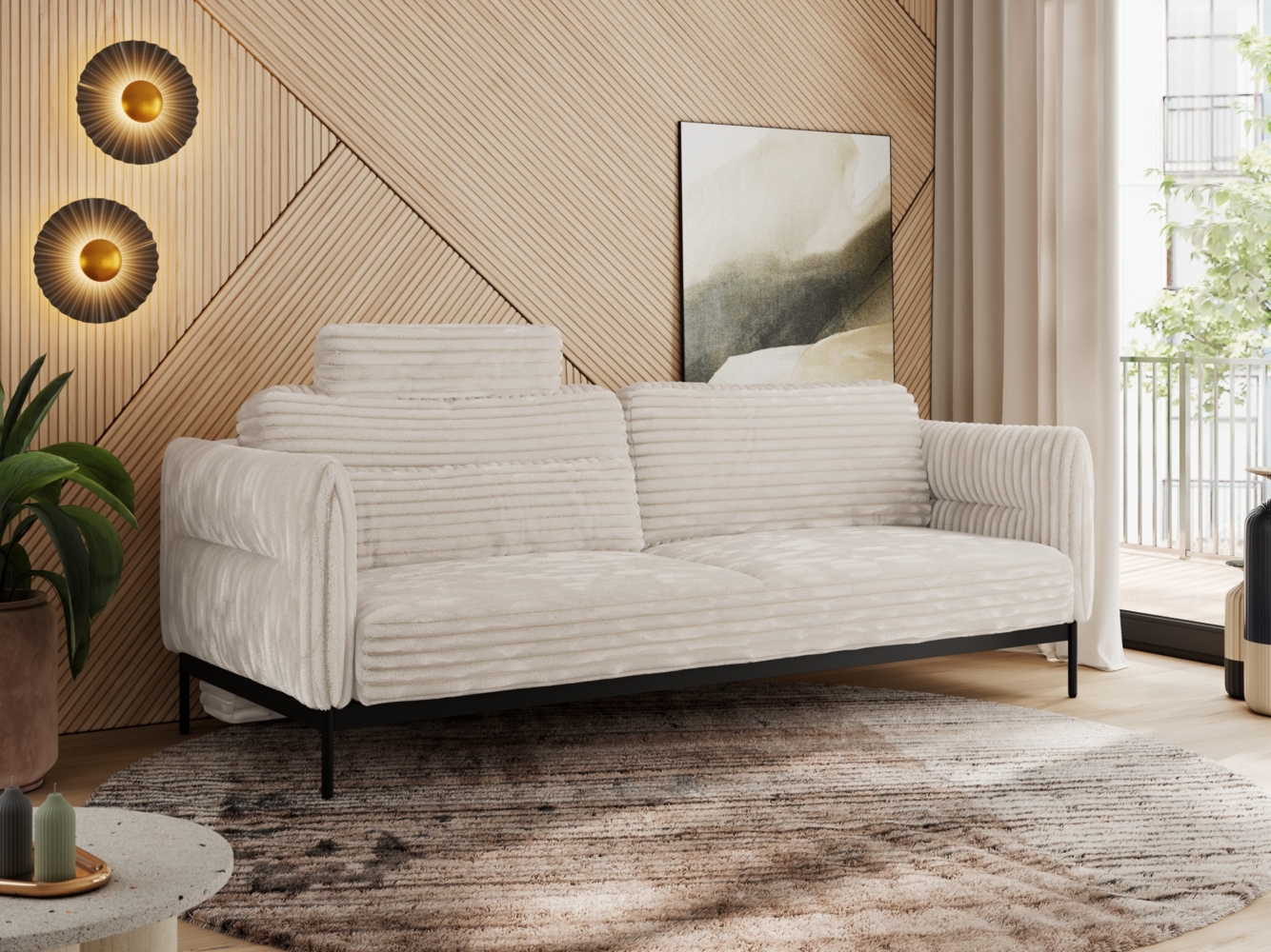 Sofa mit Schlaffunktion, schwarze MetallStoff, mobile Kopfstütze, Schlafsofa mit losen Kissen - SALENTO - Beige Cord Bild 1