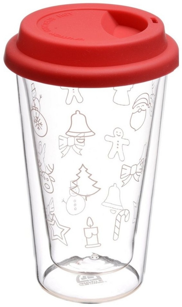 Doppelglas-Becher, 300 ml, 'Weihnachten', mit rotem Deckel Bild 1