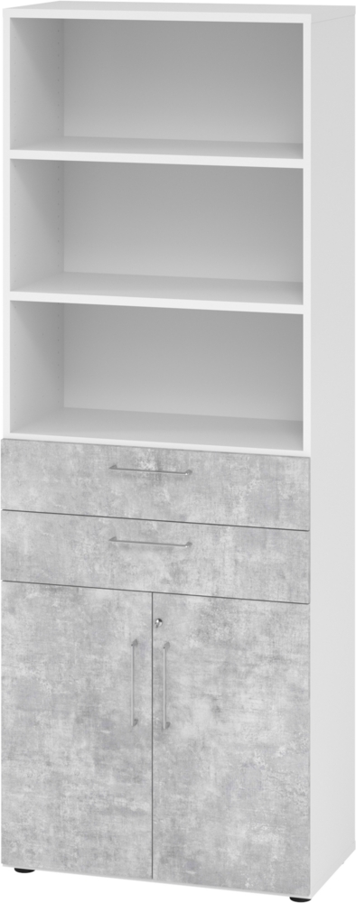 bümö Aktenregal & Schrank abschließbar, Büroschrank Regal & Schubladen Kombination Holz 80cm breit in Weiß/Grau - Schrank für's Büro & Arbeitszimmer, Büro Möbel Ordnerschrank, 968K2-W-M-BS Bild 1