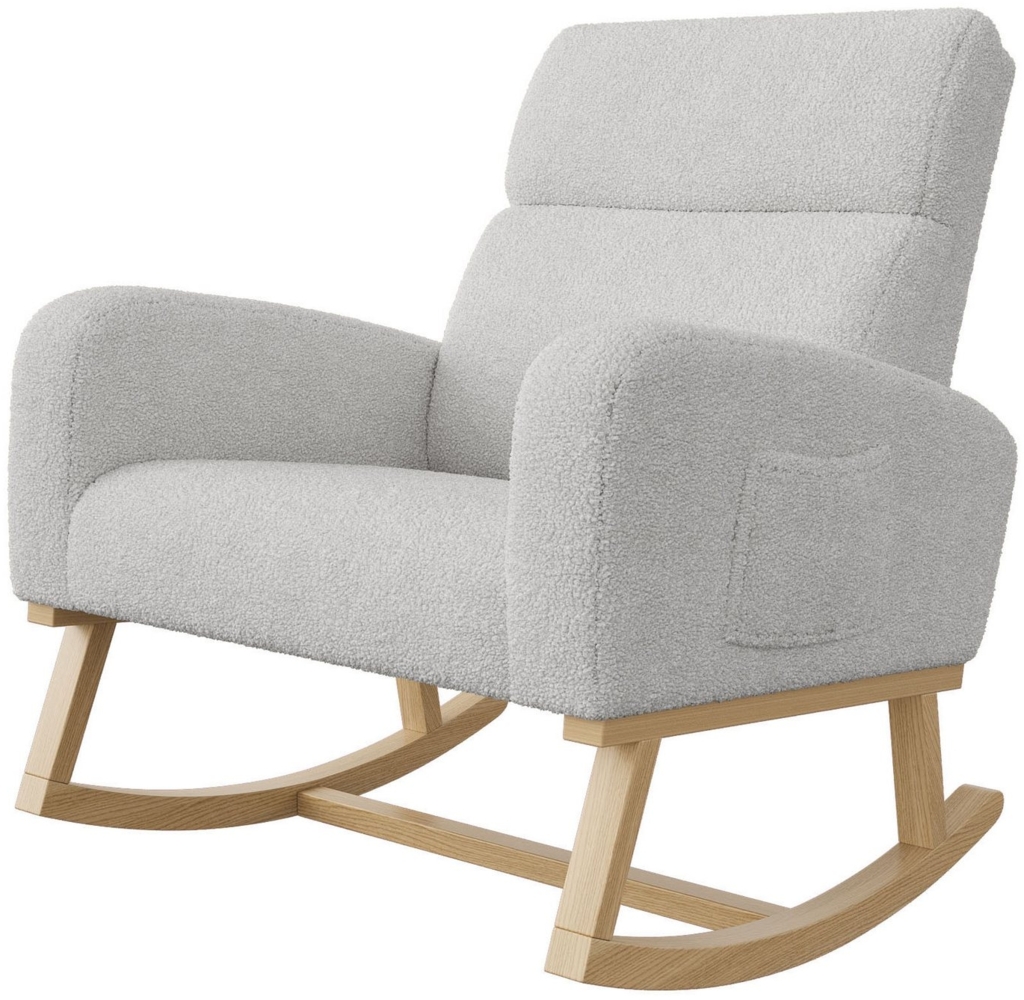 FUROKOY Schaukelstuhl Relaxsessel Schaukelsessel Es gibt Taschen auf beiden Seiten (Mit Rutschfest Holzkufen, 1 St), 96x70x75cm Hellgrau 2 Seitentaschen Teddystoff hoher Rückenlehne Bild 1