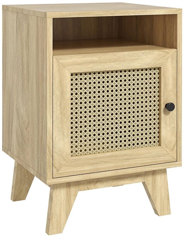 HOMCOM Nachttisch mit Regal und Tür Schrank, mit Rattan-Element (Nachtschrank, 1-St, Beistelltisch), für Schlafzimmer, Naturholz Bild 1