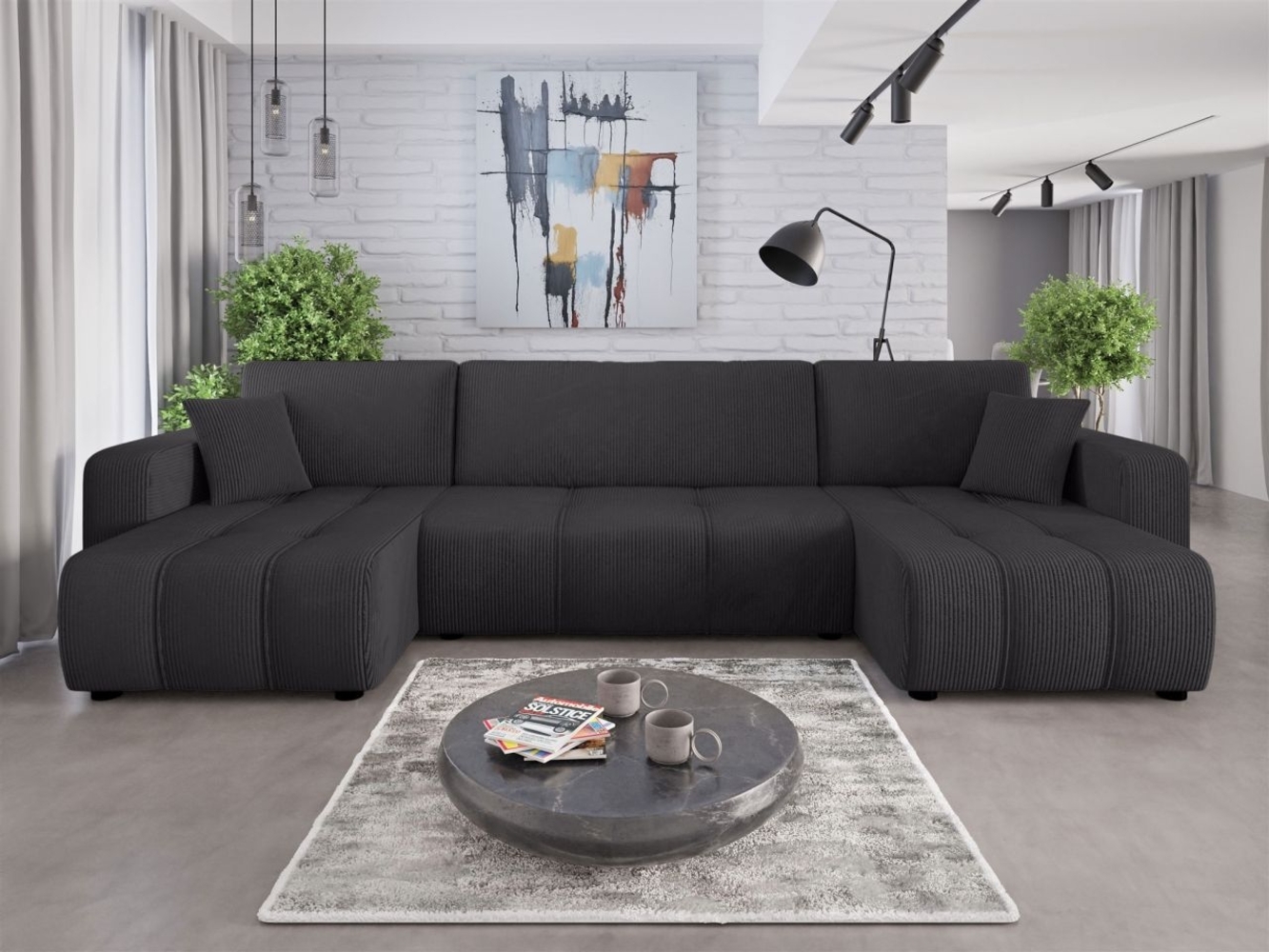 Wohnlandschaft mit Schlaffunktion DAGNY Sofa U-Form in Stoff Poso Schwarz Bild 1