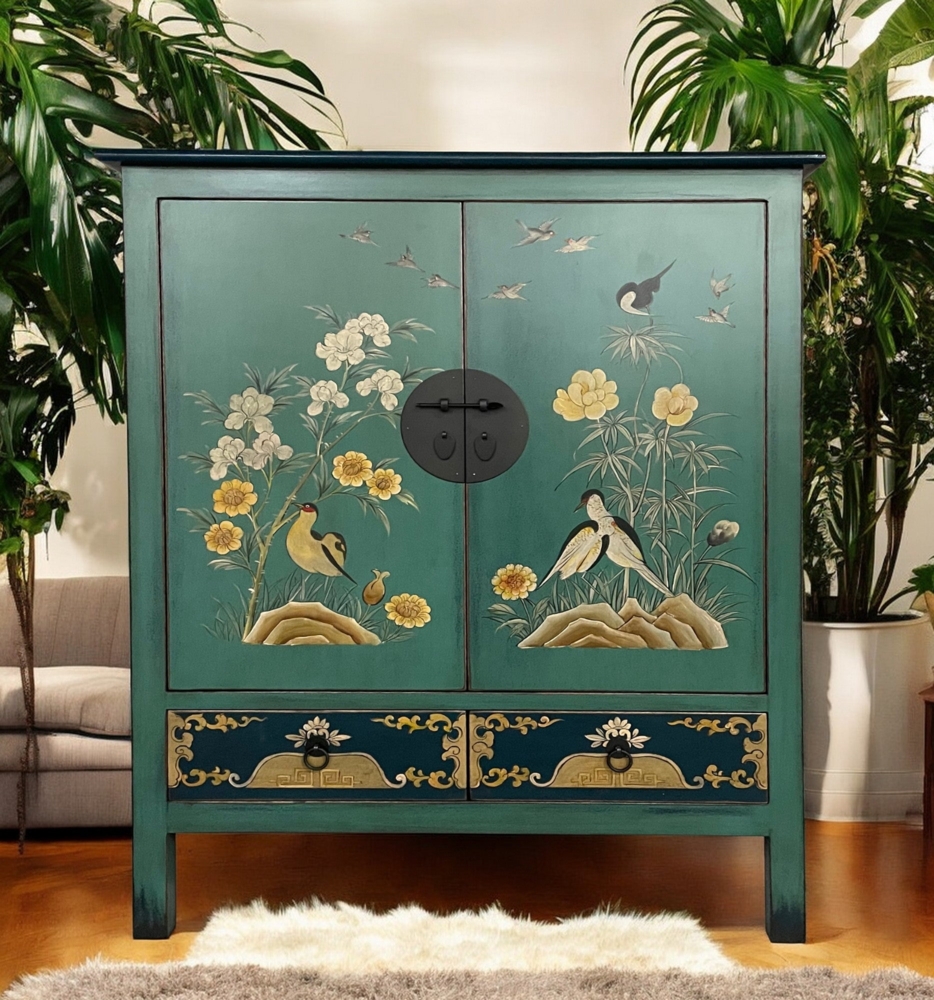 Vintage Asia Exotisches Highboard Schrank Kommode Grün Blau Bild 1