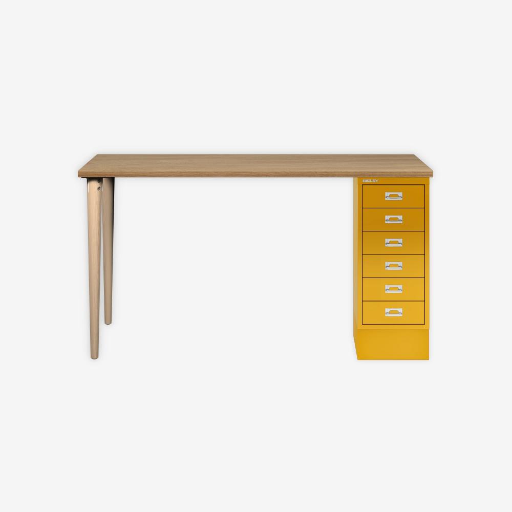 MultiDesk, 2 Eichenfüße, 1 MultiDrawer mit 6 Schüben, Dekor natürliche Eiche, Farbe Sunflower, Maße: H 740 x B 1400 x T 600 mm Bild 1