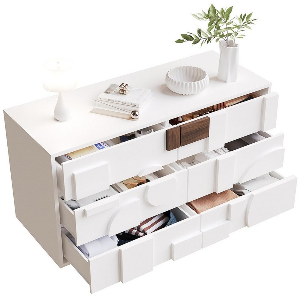 OKWISH Sideboard Anrichte,Küchenschrank,Kommode (Modernes Sideboard weiß mit Push-to-Pop-Schubladen – Grifflose Türen, geometrisches Design, Massivholzbeine, ideal für Wohnzimmer & Esszimmer, 120*40*75CM), mit Push-to-Pop-Funktion Bild 1