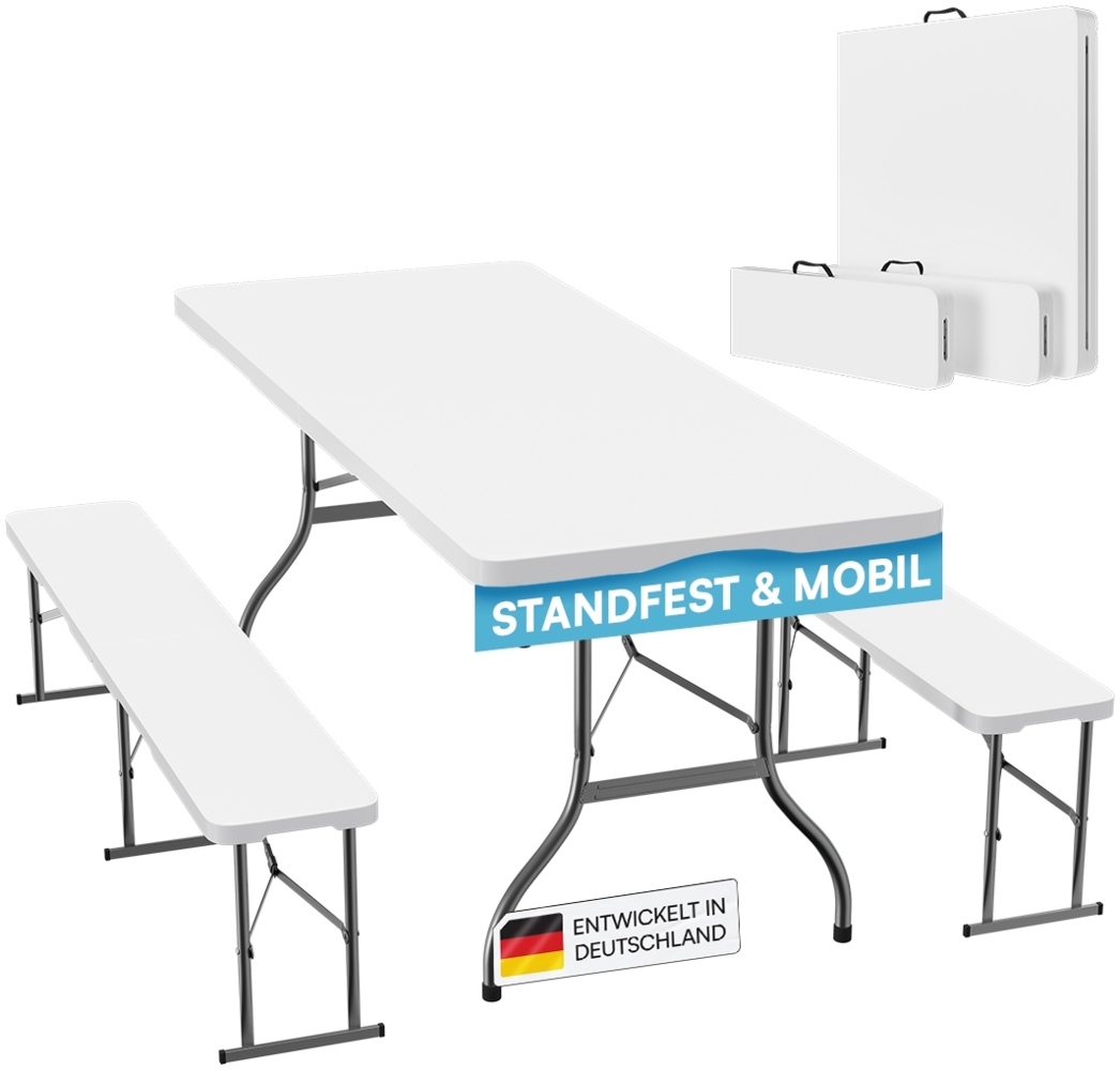 STEELSØN 'Zennar' Gartenmöbel-Set für 8 Personen, Sitzgruppe aus Gartentisch und 2x Gartenbank, zusammenklappbar, weiß, wetterfest, inkl. Tragegriff Bild 1
