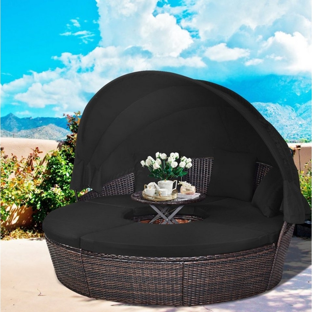 COSTWAY Sonneninsel mit einziehbarem Dach, outdoor, Gatrenlounge Rattan, Kissen, rund Bild 1
