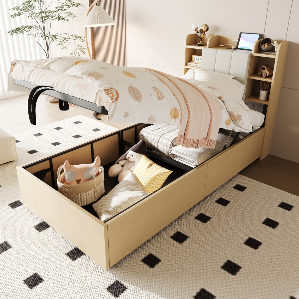Merax Holzbett 90 x 200 cm, Einzelbett, Jugendbett, hydraulisches Bett, Kopfteil mit Stauraum, ausgestattet mit USB- und Tape-C-Steckdose, Holzfarbe Bild 1