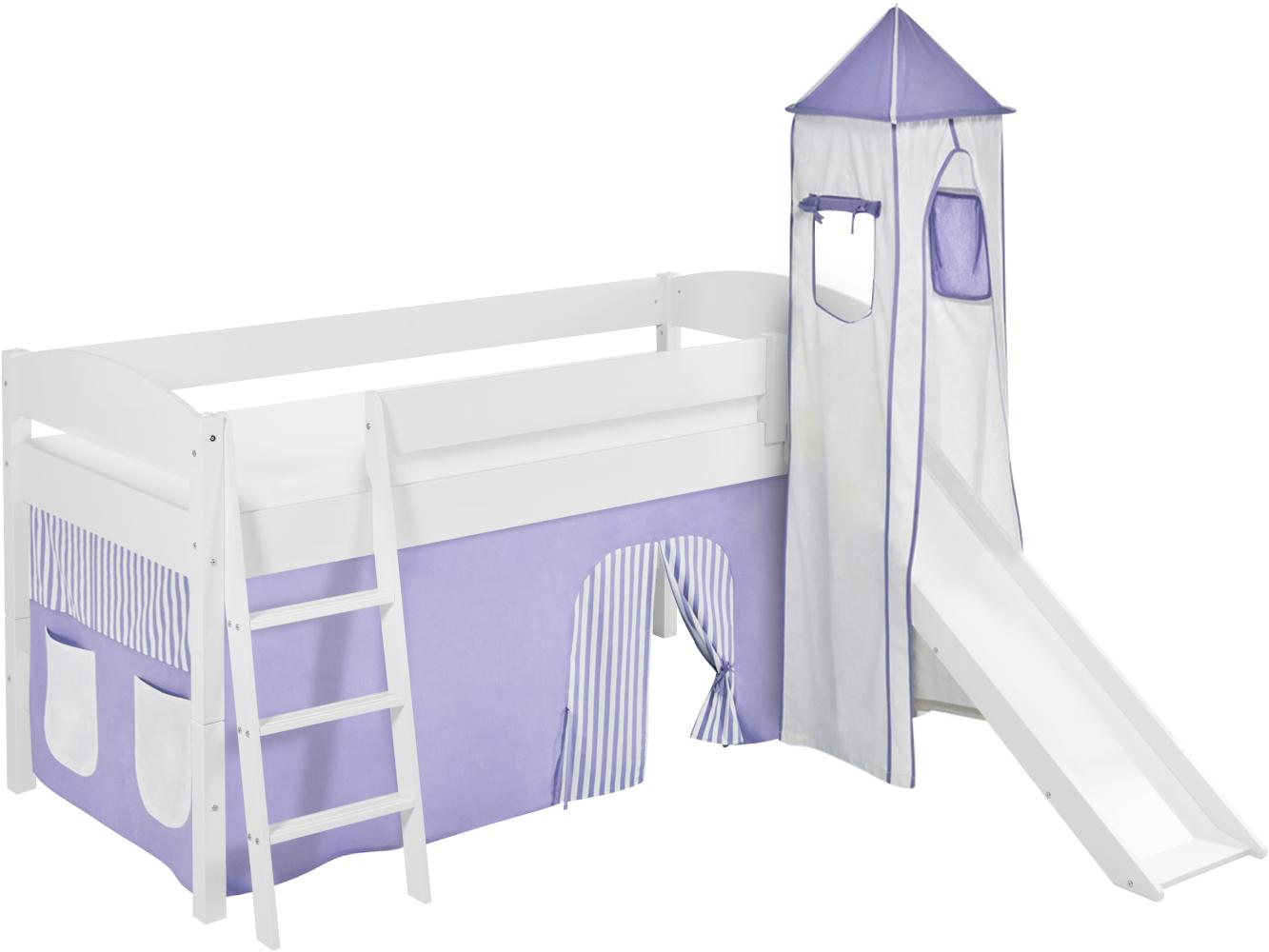 Lilokids 'Ida 4105' Spielbett 90 x 200 cm, Lila Beige, Kiefer massiv, mit Turm, Rutsche und Vorhang Bild 1