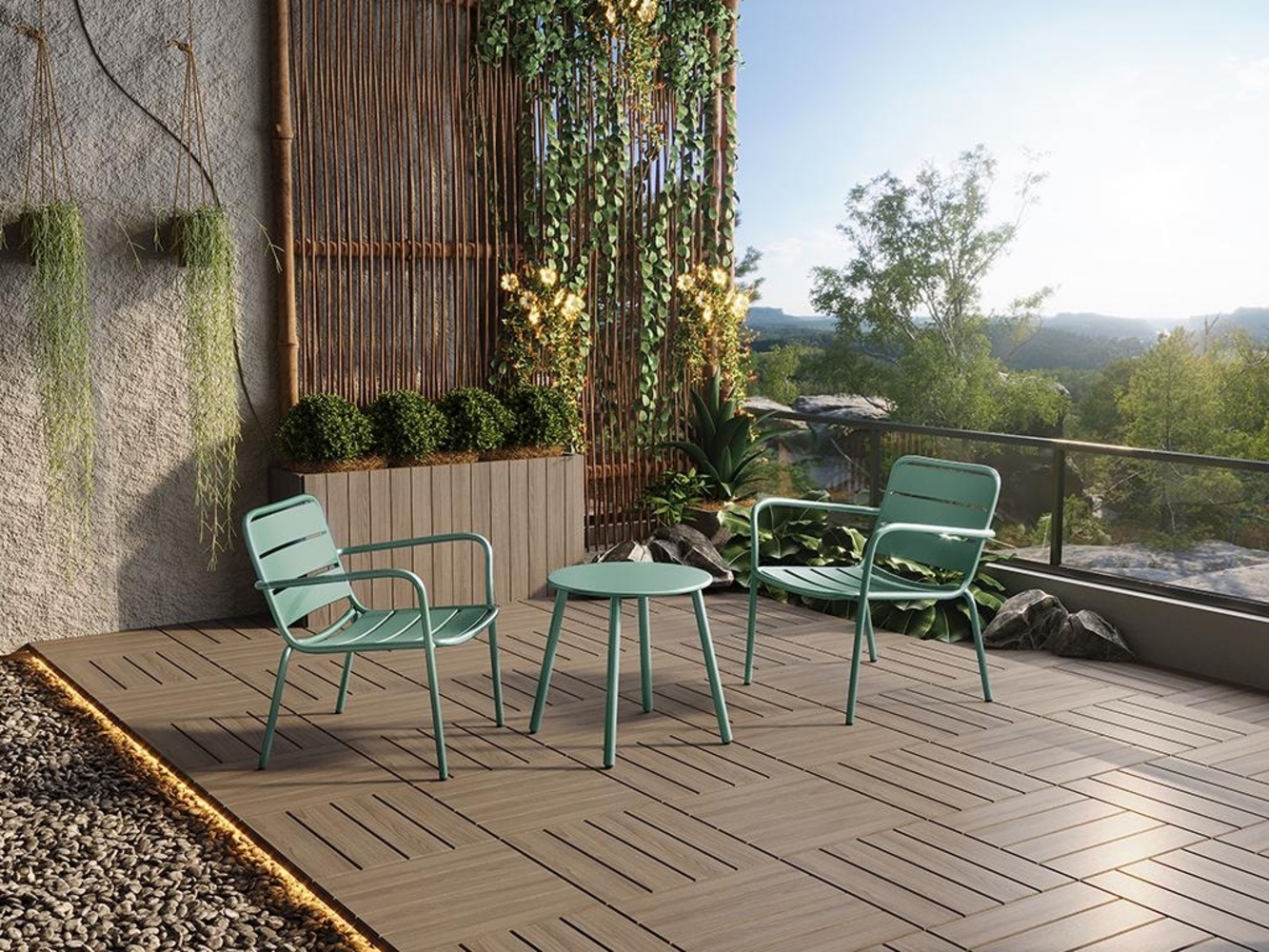 Vente-unique - Garten-Sitzgruppe: Beistelltisch + 2 stapelbare Sessel - Metall - Hellgrün - MIRMANDE von MYLIA Bild 1