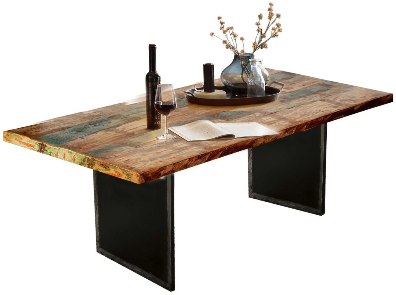 Esstisch TOPS & TABLES 100 x 180 x 76 cm recyceltes Altholz Metall Natur Schwarz Bild 1