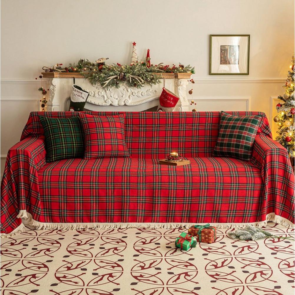 BTTO Sofahusse Sofabezug,Sofadecke Bezug,Sofa überwurfdecke mit Quasten, Couchschutz Weihnachten kariert,Weich Wohndecke Bild 1