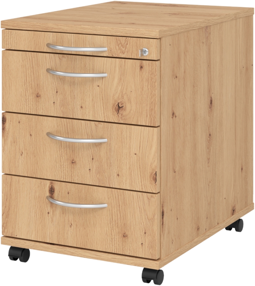 bümö Rollcontainer mit Schubladen, Container abschließbar aus Holz in Asteiche - Rollwagen für's Büro als Schreibtisch Unterschrank, Bürocontainer od. Schreibtischcontainer mit Bogengriffe, AC30-R-R-BM Bild 1