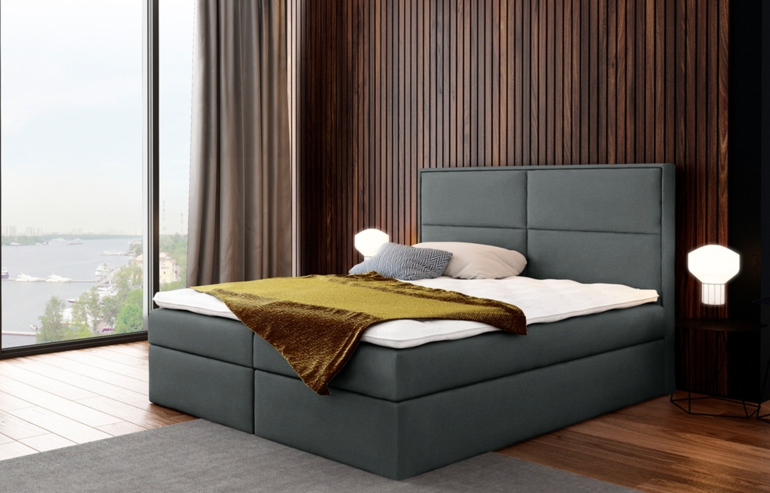 99rooms Charles Boxspringbett Strukturstoff INARI 200x200 cm Dunkelgrau Bild 1