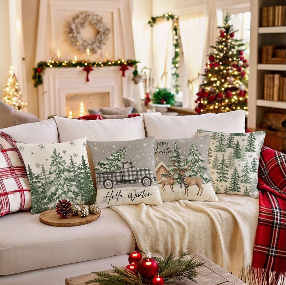 Jibenhome Kissenbezüge Weihnachten Kissenbezug 45x45 cm,Leinen,4 Stück,für Dekokissen Deko, (4 Stück), Quadratisch Zierkissenbezug für Weihnachten Bett Sofa Esszimmer Deko Bild 1