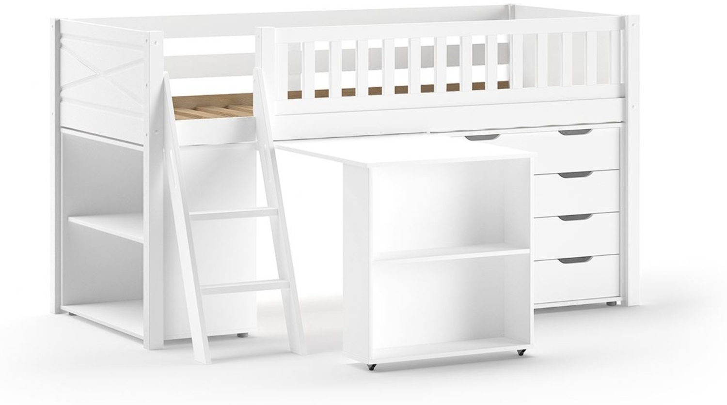 Kinderbett Karyl 208x114x135 Massivholz Weiß Regal Kommode Bild 1