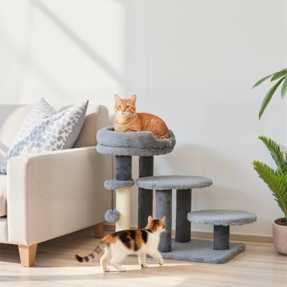 Katzentreppe 2-in-1 mit Kratzpfosten & Spielball, abnehmbares Plüschbett, weicher Komfort, für Katzen bis 6kg, stabil Bild 1