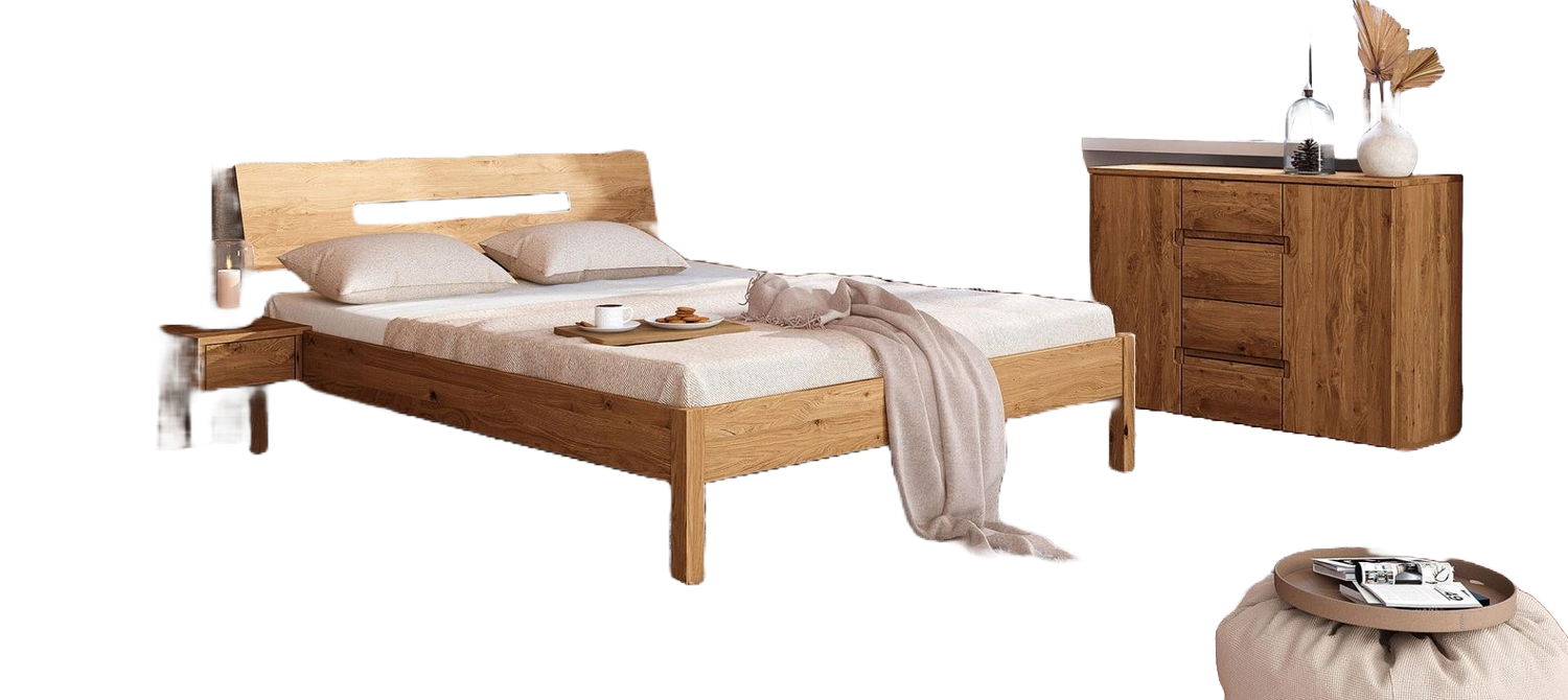 Bett Bento 7 aus Wildeiche massiv 140x200 cm mit Holzkopfteil und Holzbeinen Bild 1