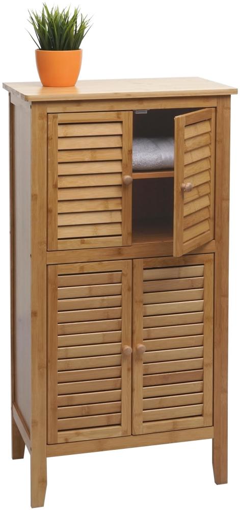 Badezimmerschrank HWC-B18, Regal Kommode, 4 Türen Bambus 100x50x30cm Bild 1