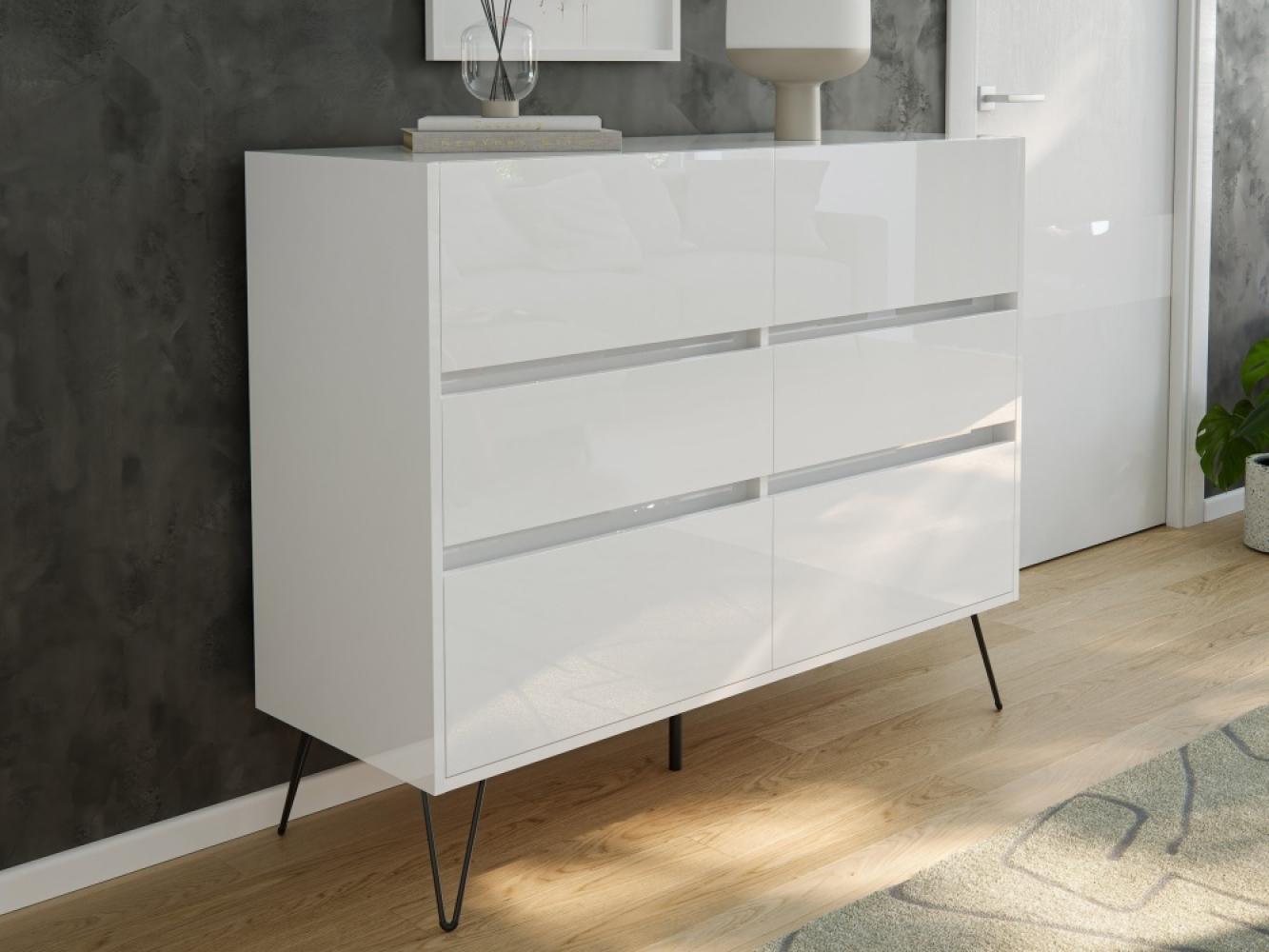 Design Sideboard Kommode Volo 120cm Greifraum 6 SoftClose Schubladen Weiß Hgl : Weiss hochglanz Bild 1