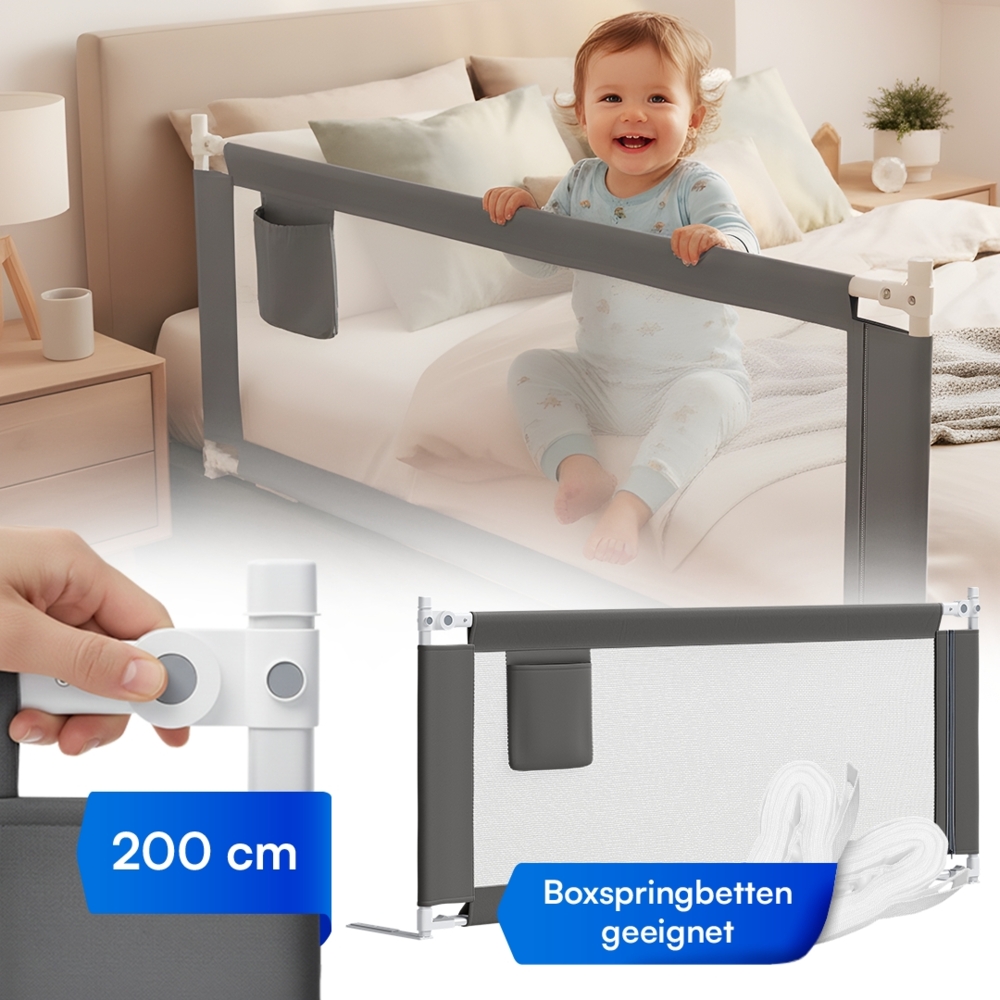 Bellabino 'Drina' Bettschutzgitter mit 2 Sicherheitsgurten, für Boxspringbetten geeignet, Rausfallschutz klappbar & höhenverstellbar, aus Oxford-Stoff & Metall, 200 cm, dunkelgrau Bild 1