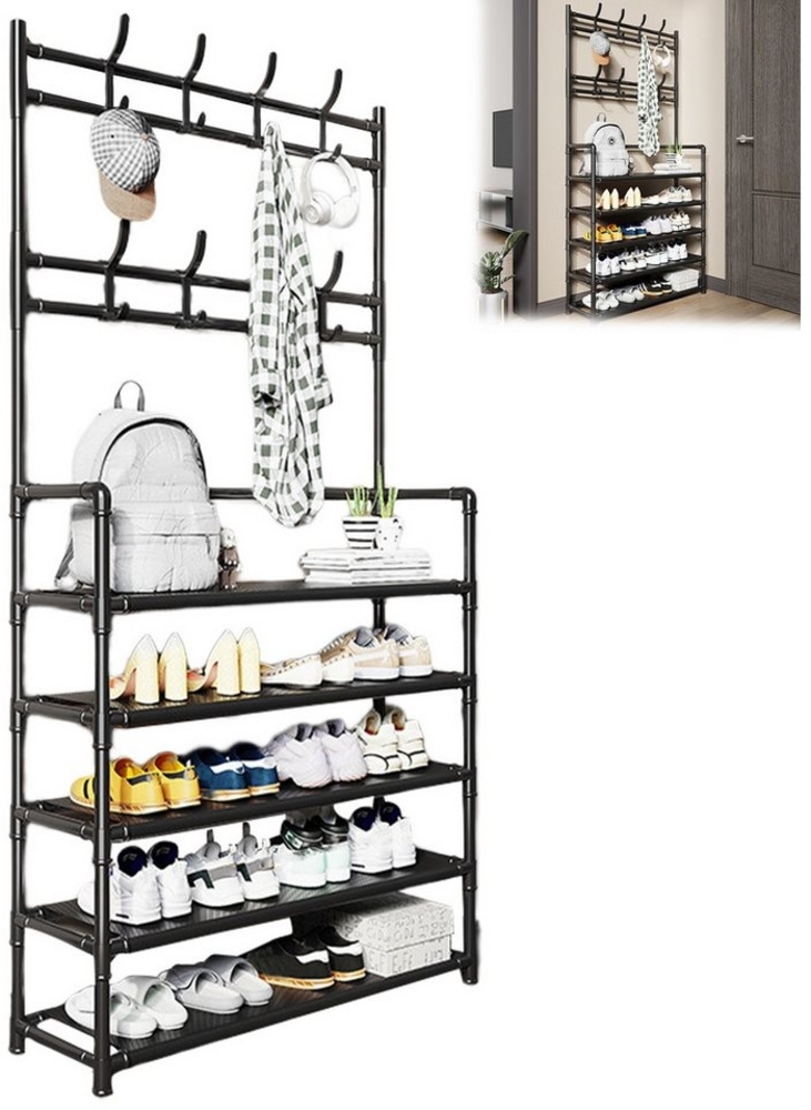 Rutaqian Garderobenständer Kleiderständer, Schuhregal,Stabil Kleiderständer mit ablage und Haken, (80 x 26 x 172 cm), Shoe Rack für Eingang, Garderobenständer, Wohnzimmer, Schlafzimmer Bild 1