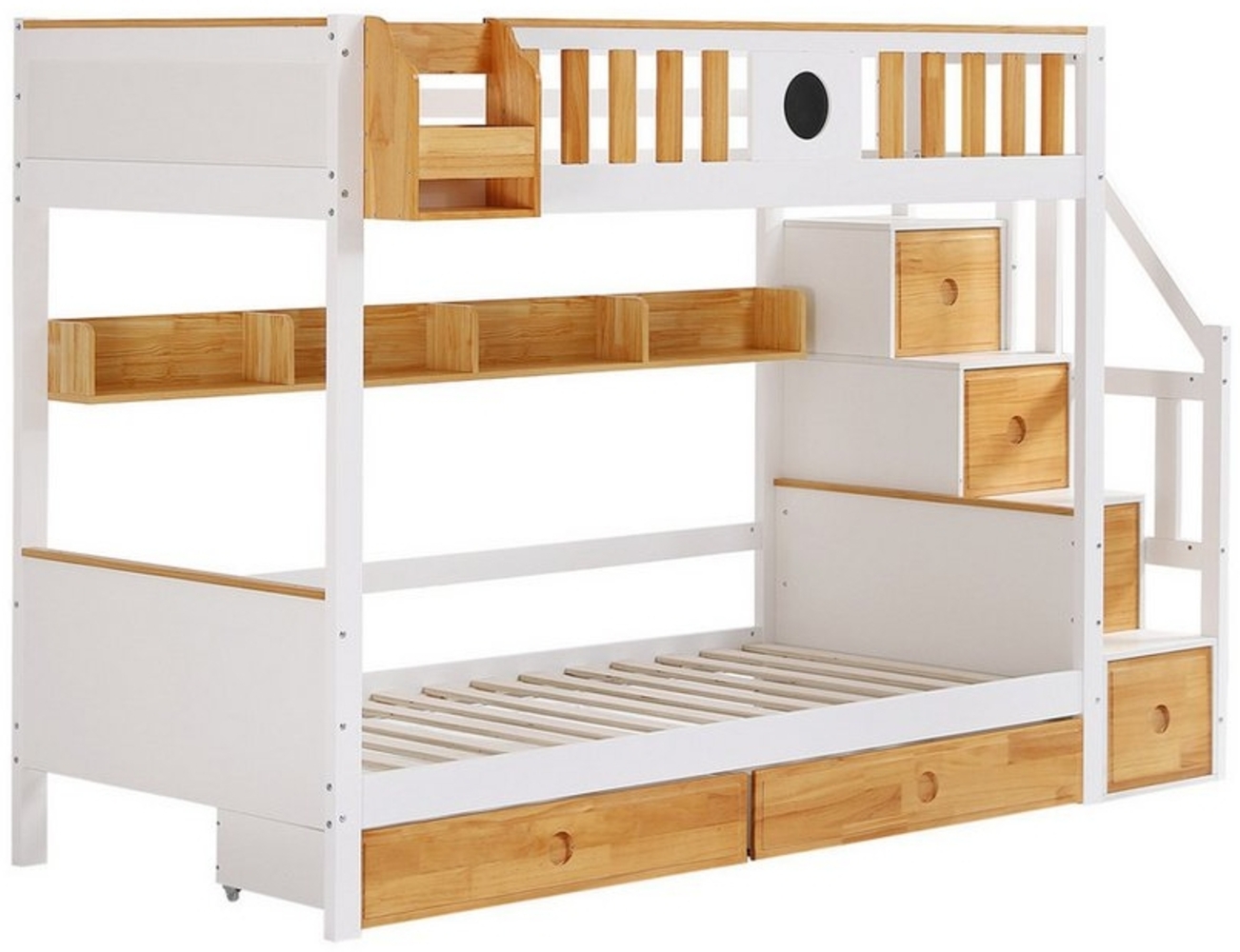 autolock Kinderbett Etagenbett,Kinderbett mit Treppe,mit 4 Schließfächer in der Treppe, mit Fallschutzgitter und 2 Schubladen,Offenes Regal,Reichlich Stauraum Bild 1