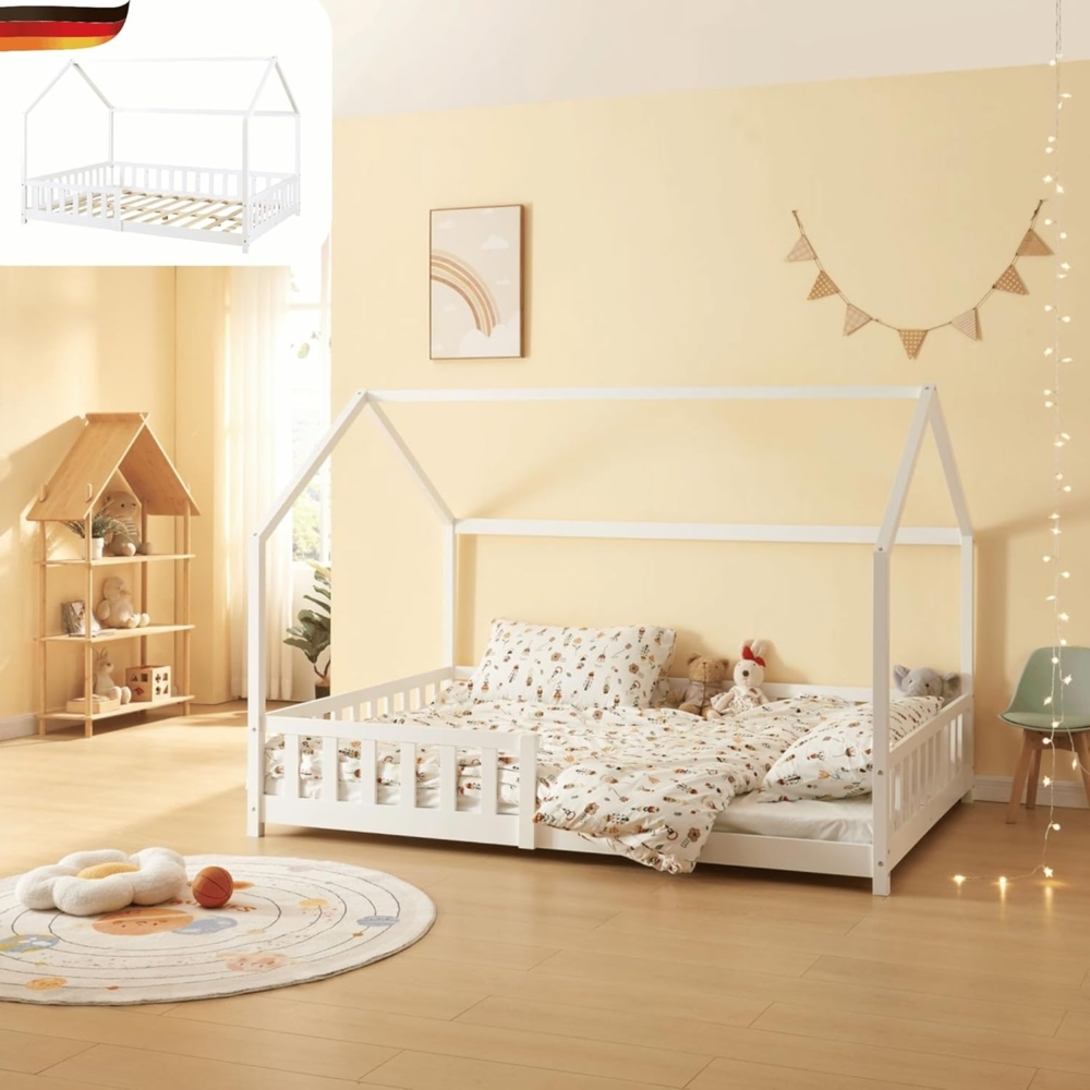 DELUKE® Kinderbett 140x200 OKLA - mit Lattenrost Rausfallschutz Haus-OptikEinzelbett aus Holz Hausbett Kinderzimmer Montessori Bett Weiß Bild 1