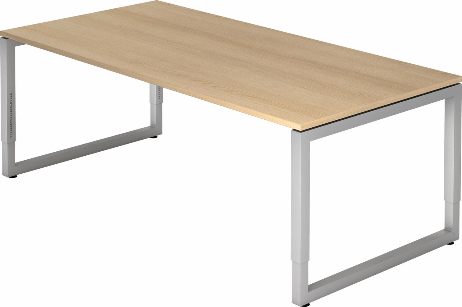 bümö höhenverstellbarer Schreibtisch R-Serie 200x100 cm in Eiche, Gestell in Silber - großer PC Tisch für's Büro manuell höhenverstellbar, Computertisch verstellbar, RS-2E-E-S Bild 1