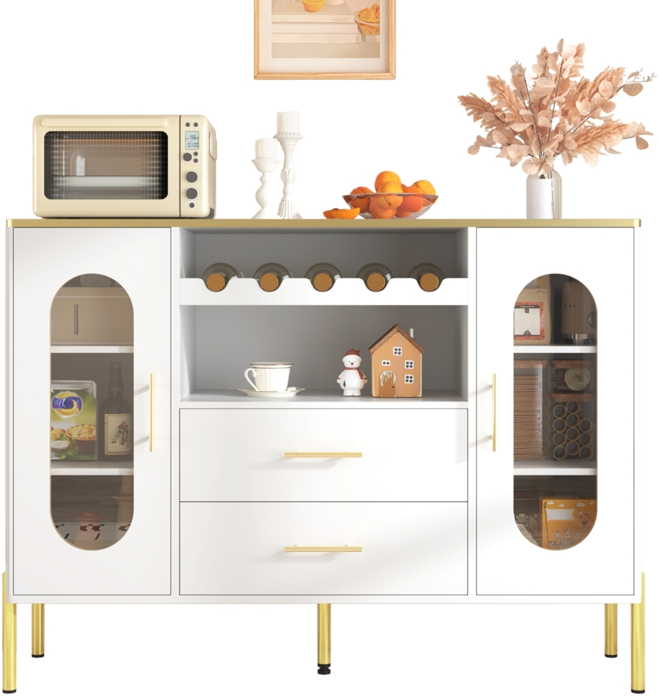 Sideboard, Glasfronten und Weinregal, Verstellbarer Fuß, Viel Stauraum, Modernes Design, MDF, Weiß Bild 1