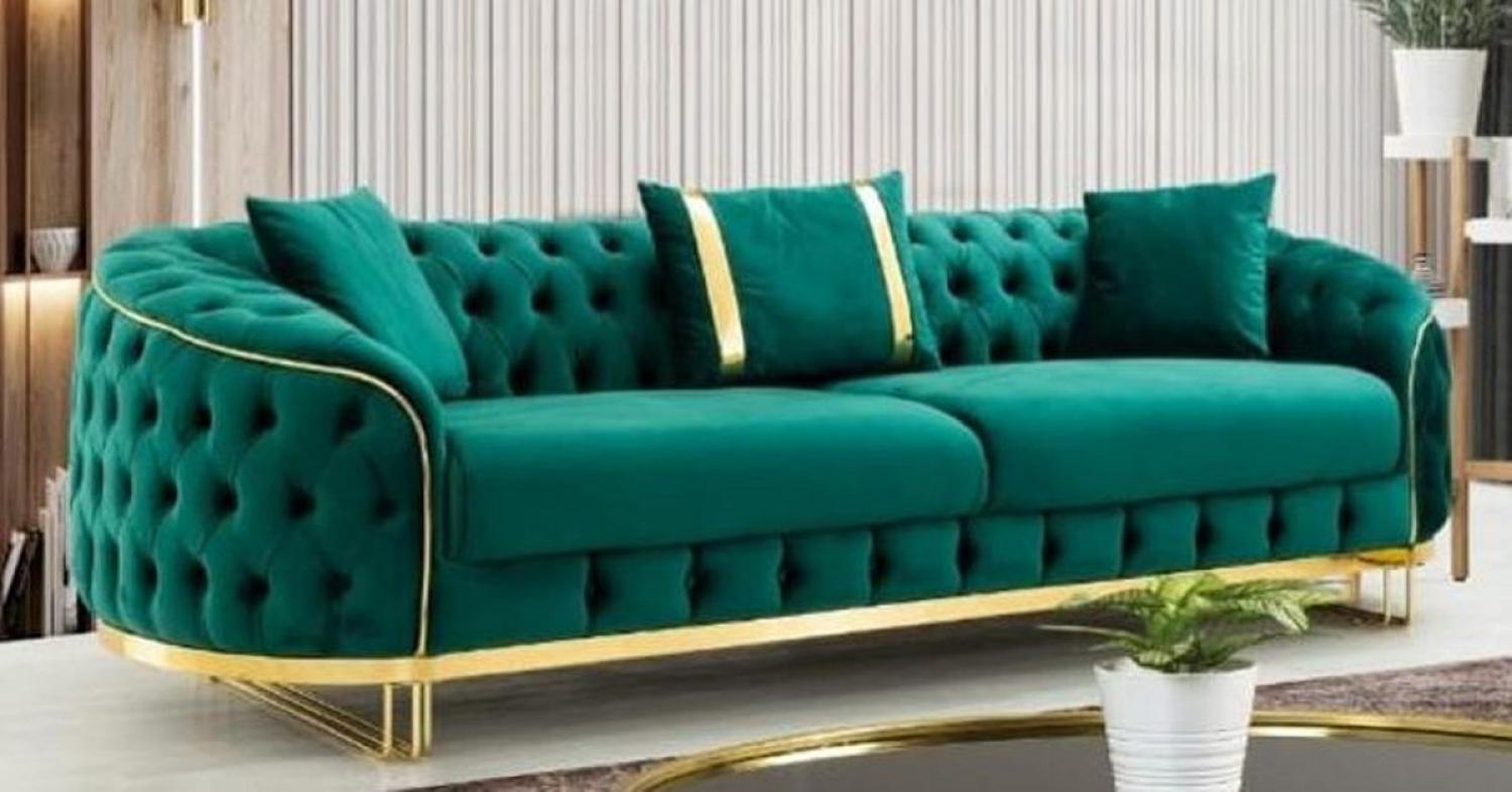 Casa Padrino Luxus Chesterfield Sofa Grün / Gold 240 x 95 x H. 72 cm - Modernes Wohnzimmer Sofa - Chesterfield Wohnzimmer Möbel Bild 1