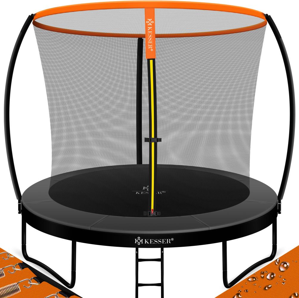 KESSER® Trampolin Gartentrampolin | TÜV Rheinland GS Zertifiziert | Kindertrampolin bis 150 kg | Komplettset mit Sicherheitsnetz, Leiter, Randabdeckung & Zubehör 244 cm, Orange / Anthrazit Bild 1