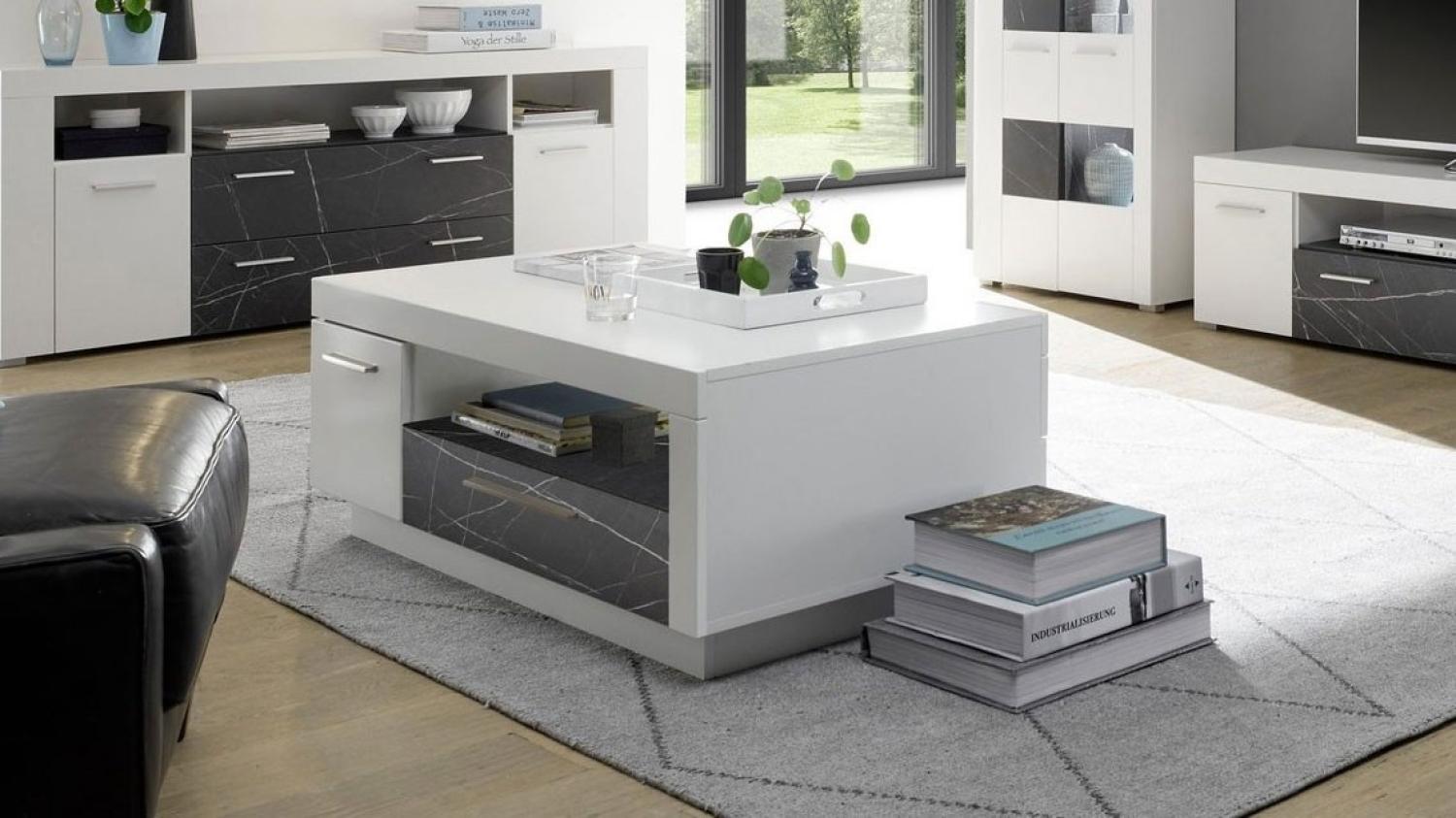 Couchtisch Madrid Wohnzimmertisch 110x65 cm Weiß Absetzungen Marmor Anthrazit Bild 1