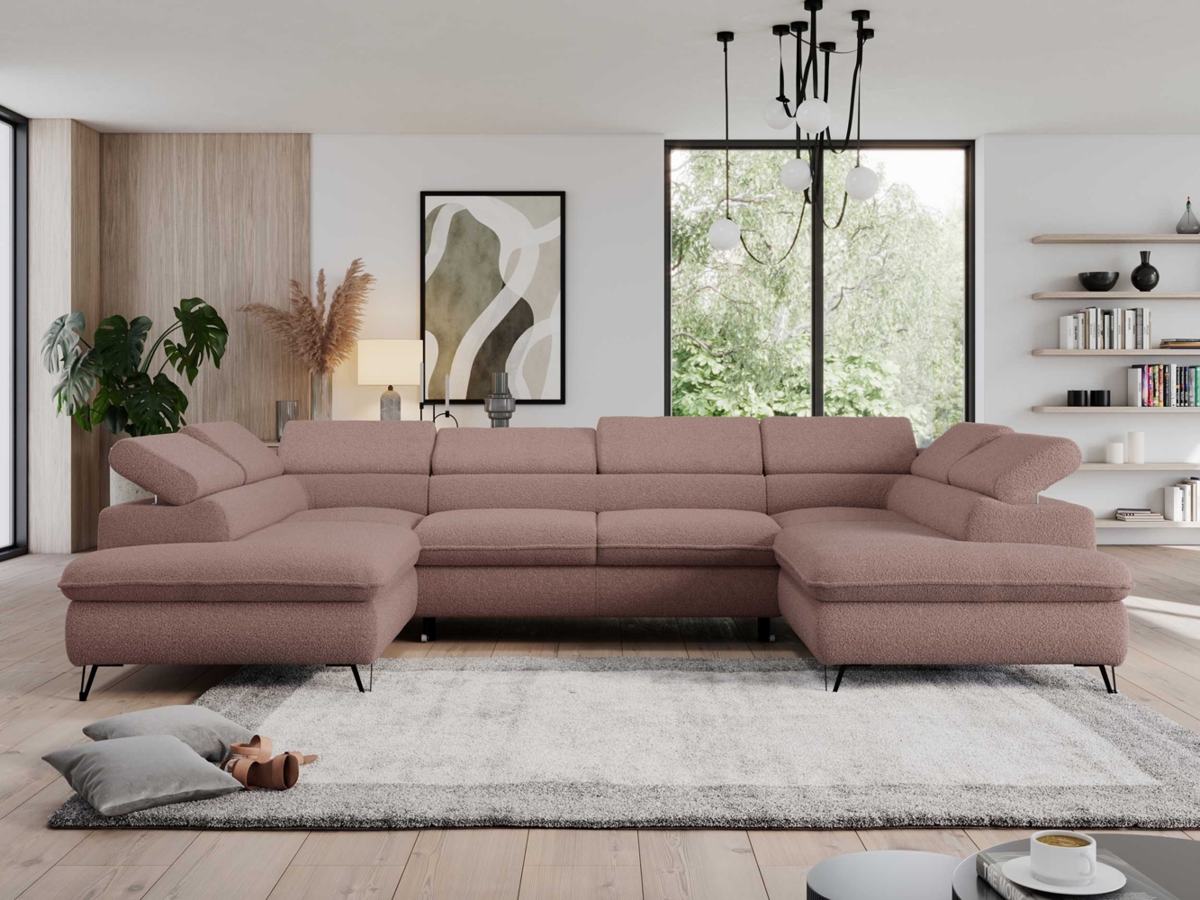 Mks Möbel 'Pedro U-Form' Ecksofa mit Schlaffunktion und verstellbaren Kopfstützen, Rosa, Boucle Bild 1