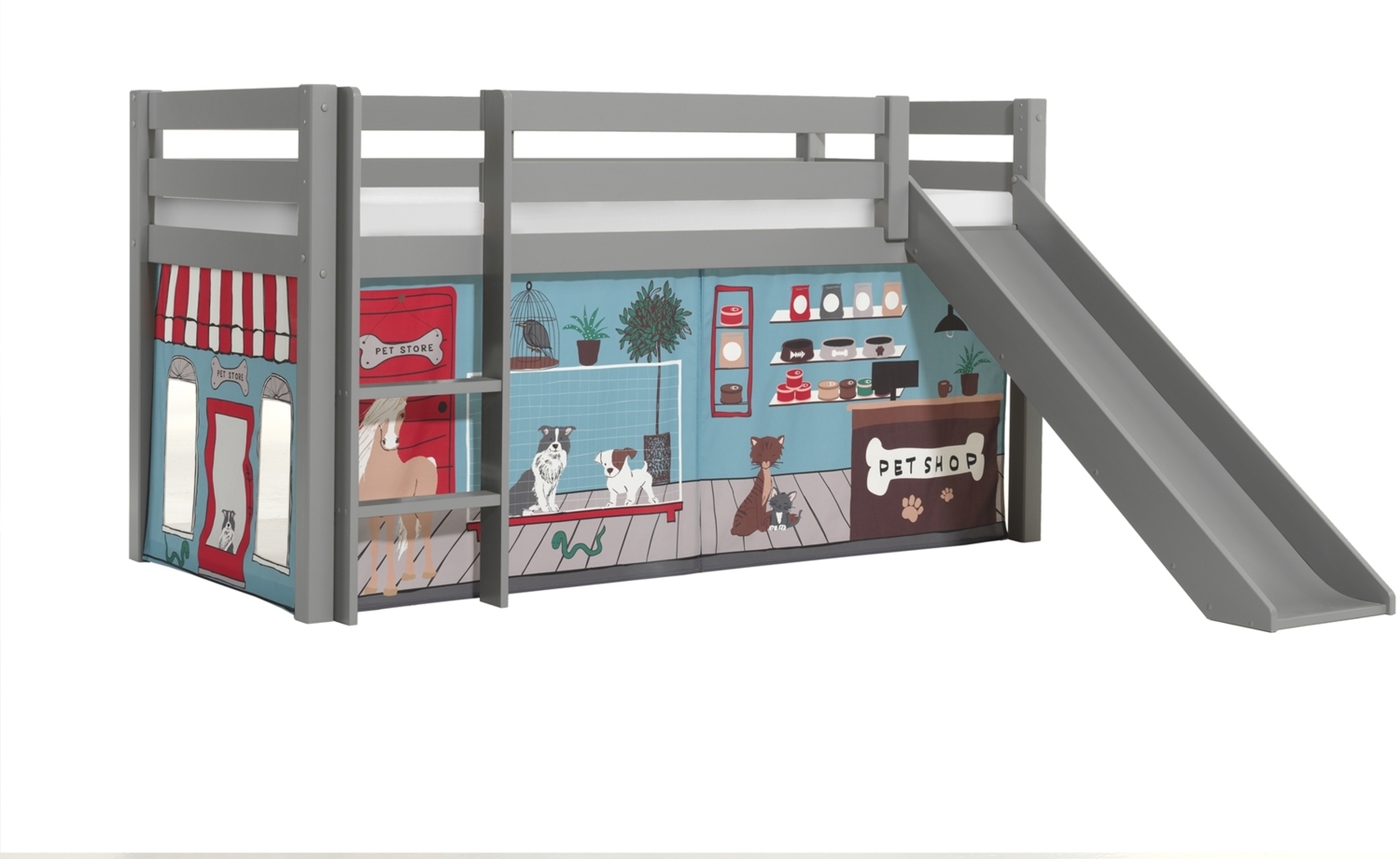 Vipack 'Pino' Halbhochbett 90x200 cm, grau, Kiefer massiv, mit Rutsche und Textilset 'Pet Shop' Bild 1