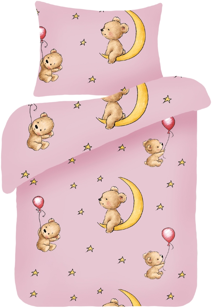 Kinder Bettwäsche 2-tlg ( 100x135cm / 40x60cm ) Bettdecken Set, 100% Baumwolle - Babybettwäsche mit Motiv - Bärchen Rosa Bild 1