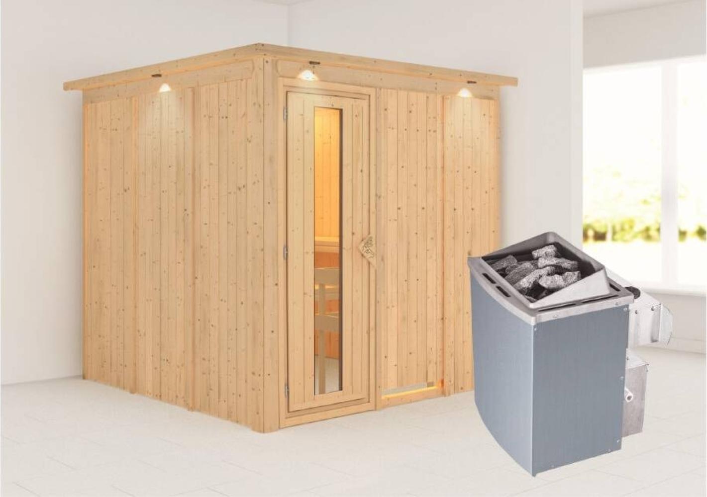 Karibu Sauna Rodin mit Dachkranz + 9kW Saunaofen mit integrierter Steuerung Klarglas Ganzglastür Bild 1