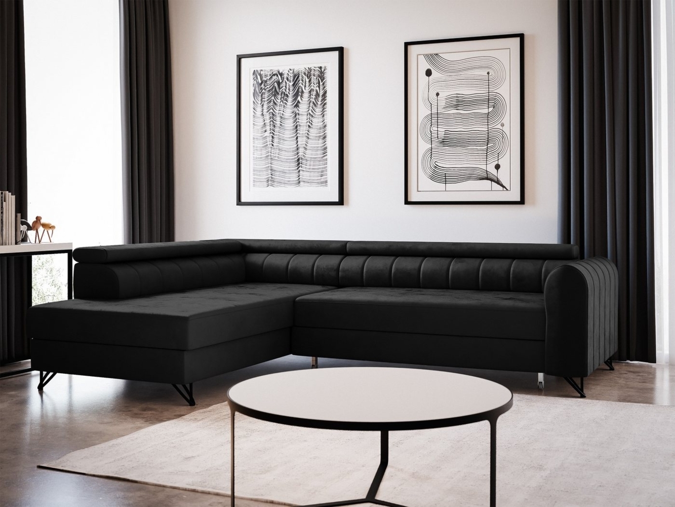 Ecksofa Alice mit Schlaffunktion und Bettkasten, Wohnlandschaft mit einstellbare Kopfstützen, Couch, Sofa, Bettsofa, Schlafsofa (Schwarz (Kronos 07), Ecksofa Links) Bild 1