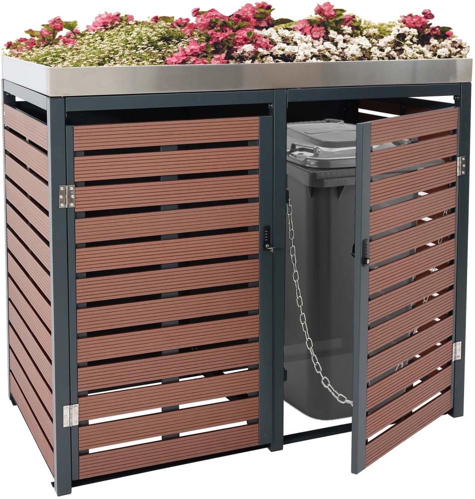 2er Mülltonnenverkleidung HWC-K14, Mülltonnenbox mit Pflanzkasten, 124x134x84cm WPC Edelstahl 79kg ~ Walnuss-Holzoptik Bild 1