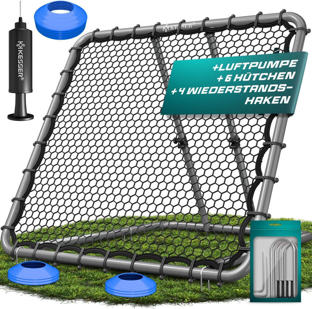 KESSER® Fußball Rebounder | Verstellbares Trainingsnetz für präzises Pass- und Schusstraining | inkl. Luftpumpe, 6 Markierungshütchen & 4 Widerstandshaken | für Handball, Volleyball | Prellwand Anthrazit, 128 x 128 cm Bild 1