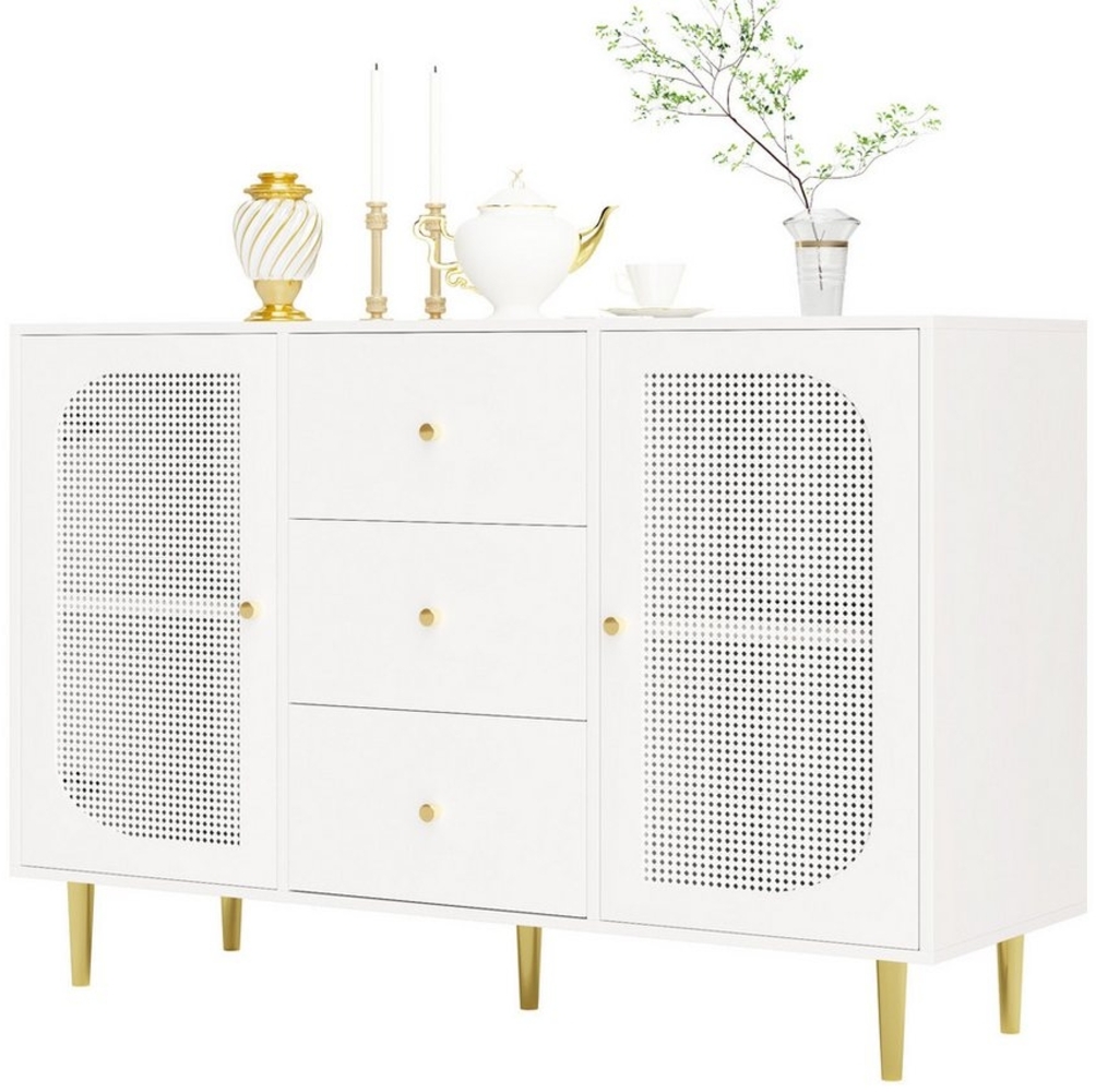 OKWISH Sideboard mit Schubladen (Anrichte, Buffet, Aufbewahrungsschrank, Holzschrank, 1 St, 3 Schubladen und 2 Türen), mit PE-Rattantür, 120 x 40 x 90 cm Bild 1