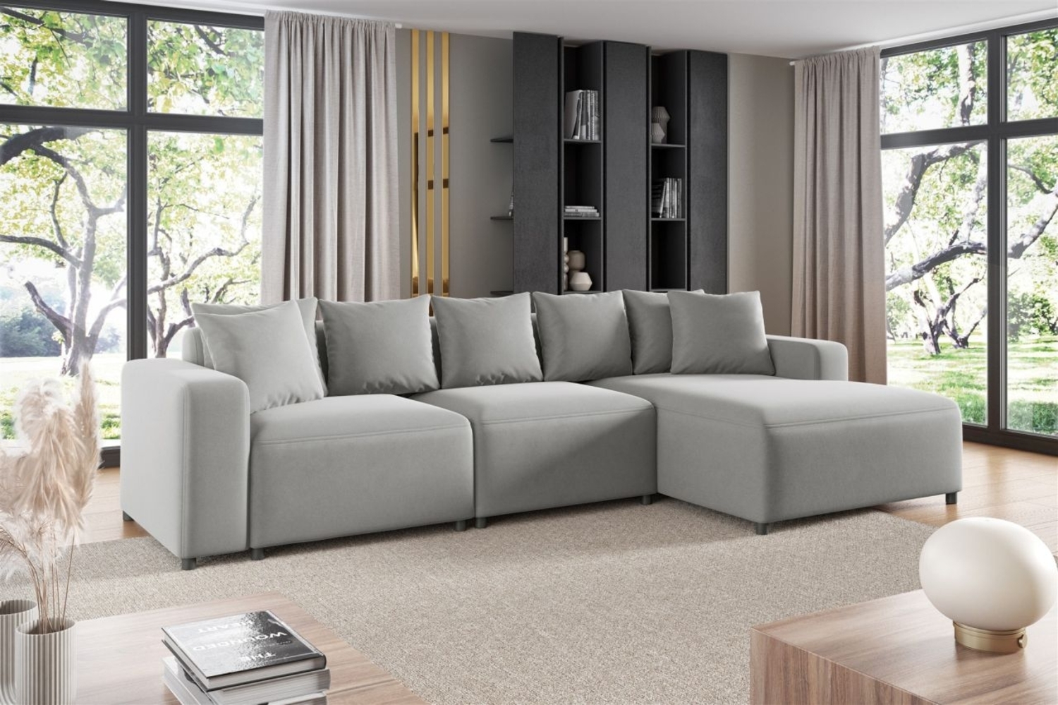 Ecksofa Designersofa Sofa MEGAN in Stoff Salvador Hellgrau Ottomane Rechts Bild 1