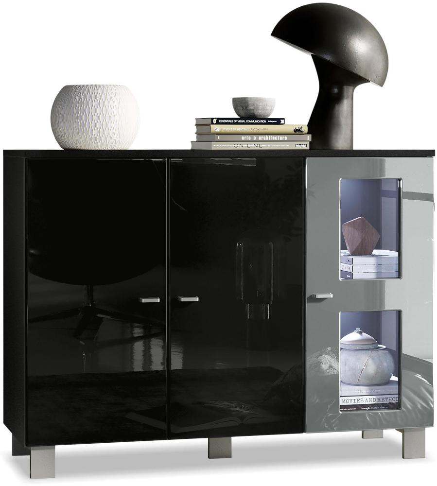 Vladon Sideboard Denjo, Kommode mit 3 Türen, Schwarz matt/Schwarz Hochglanz/Grau Hochglanz, inkl. LED-Beleuchtung (107 x 81 x 35 cm) Bild 1